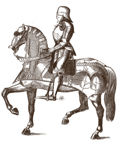 Ritter in voller Rüstung zu Pferd — Holzstich aus Paul Lacroix, Les arts au moyen âge, 1869